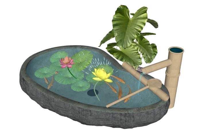 日式惊鹿荷花池景观SU模型 SU模型免费下载_sketchup模型