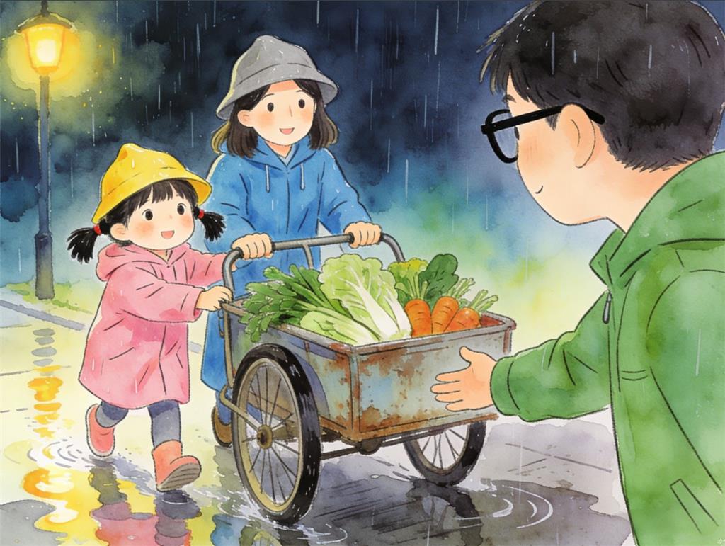 水彩画:女孩雨夜帮妈妈推车 网友举动暖心 水彩画高清JPG图片素材