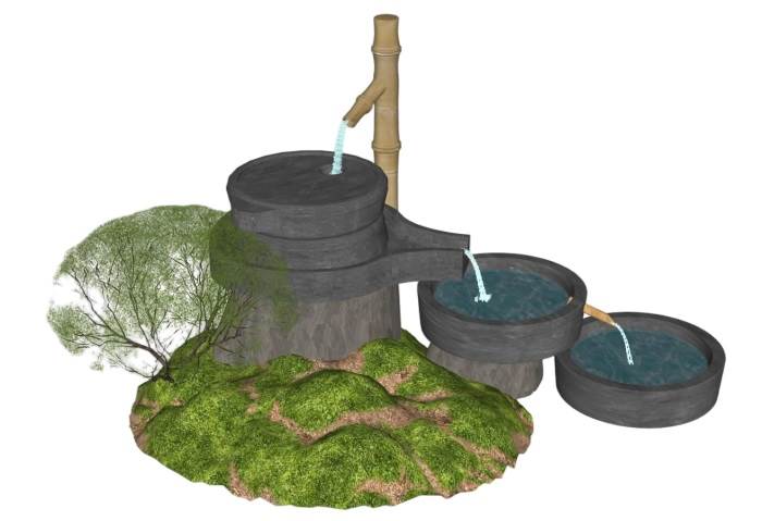 竹管滴水造景石磨小品景观SU模型 SU模型免费下载_sketchup模型