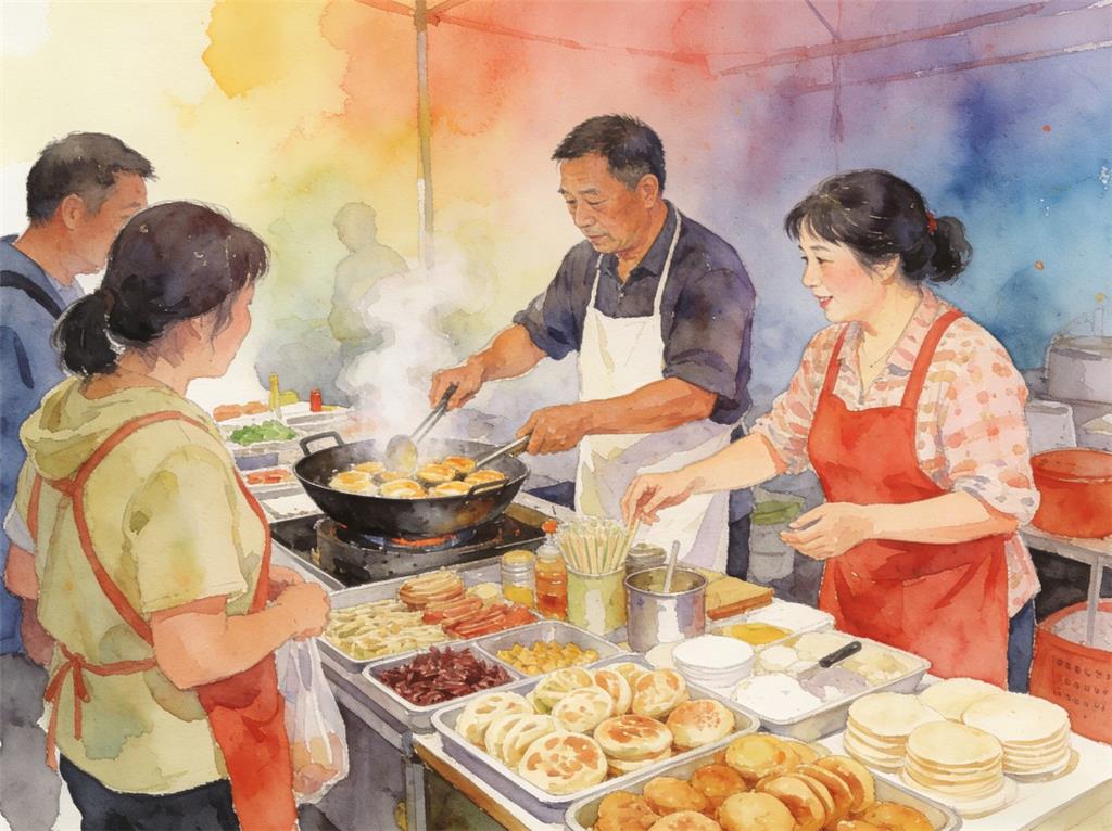 水彩画:夫妻档小吃摊年进账超百万元 水彩画高清JPG图片素材