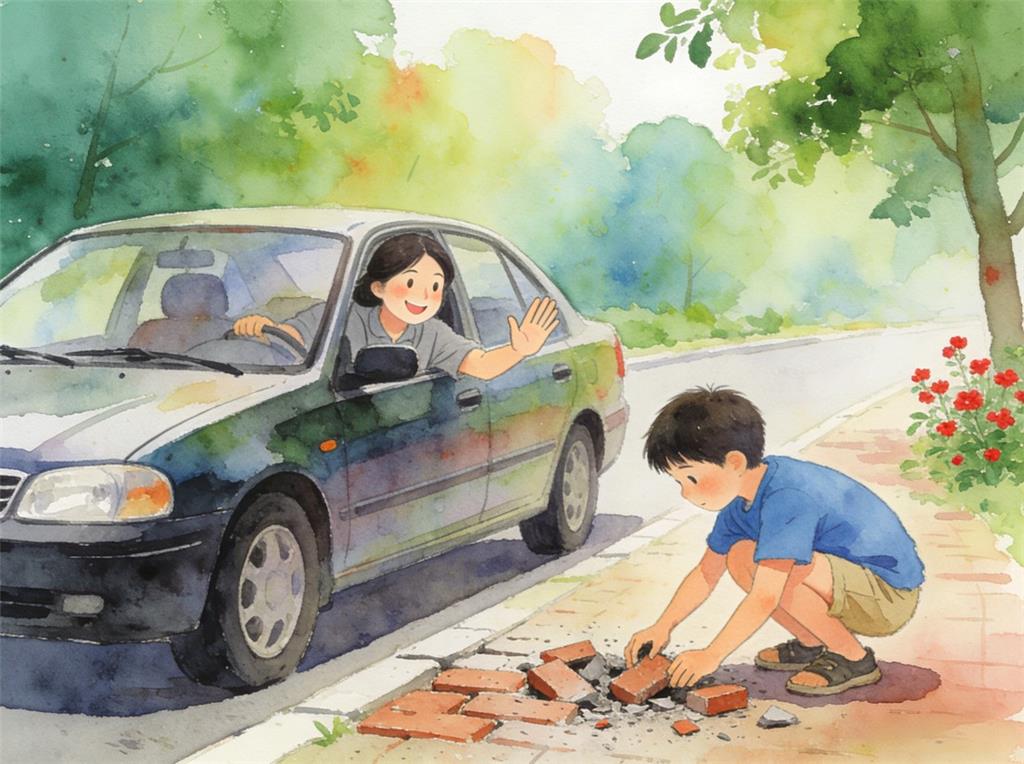水彩画:车主暖心让路 男孩主动帮清理碎砖 水彩画高清JPG图片素材