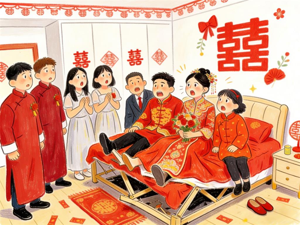 水彩画:接亲合影时新娘家床被坐塌了 水彩画高清JPG图片素材