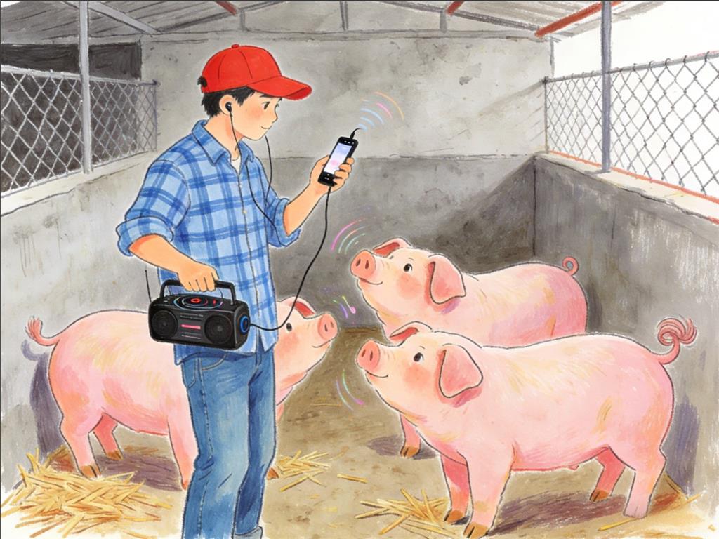 水彩画:95后养猪人放DJ音乐给猪听 水彩画高清JPG图片素材