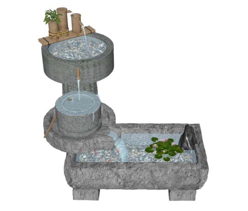 流水鱼池转运石槽景观SU模型 SU模型免费下载_sketchup模型