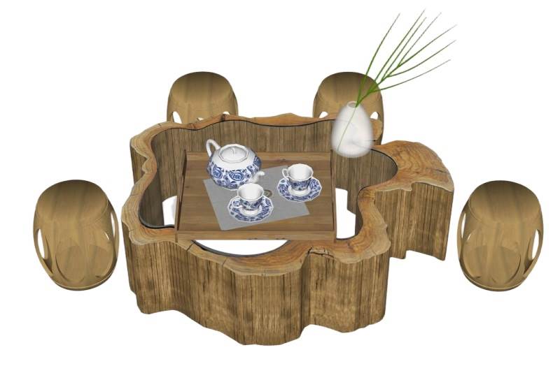 天然树桩风格的茶桌椅组合桌子SU模型 SU模型免费下载_sketchup模型