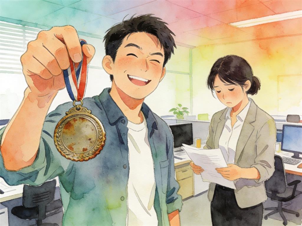 水彩画:嘲笑同事的奖牌破结果发现是纯金的 水彩画高清JPG图片素材