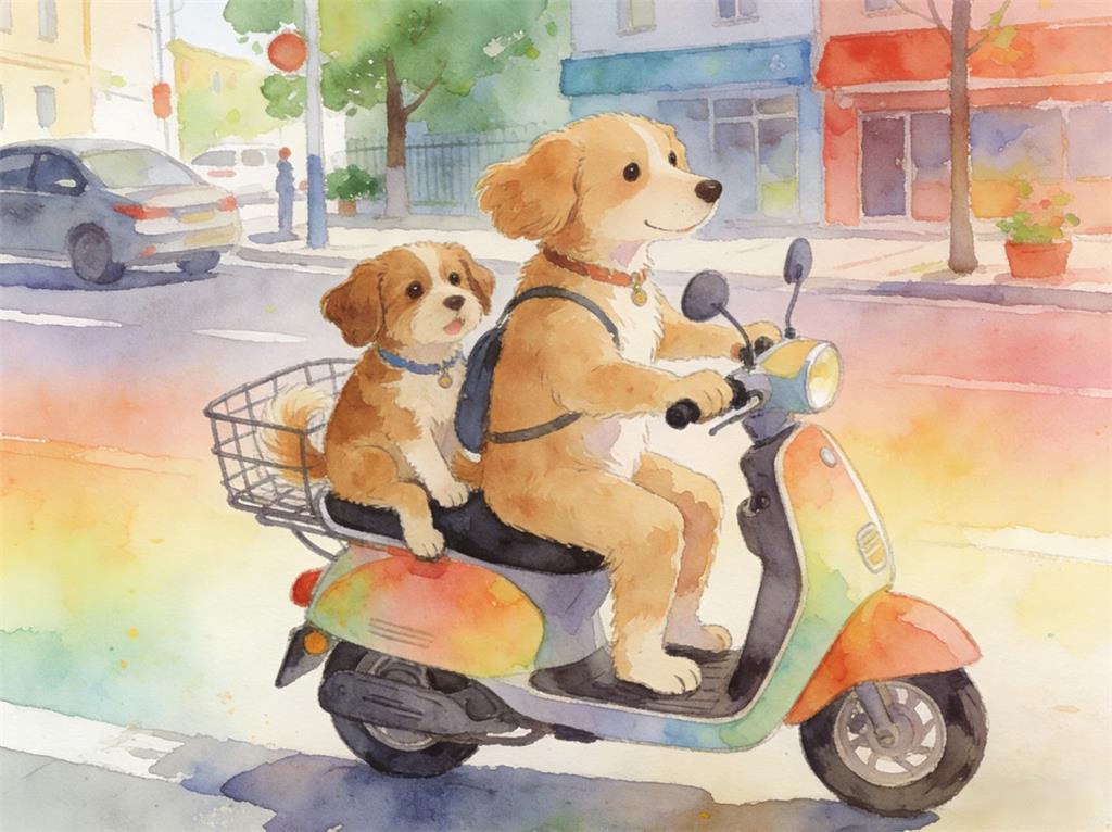 水彩画:宠物狗骑电动车带另一只狗上街 水彩画高清JPG图片素材