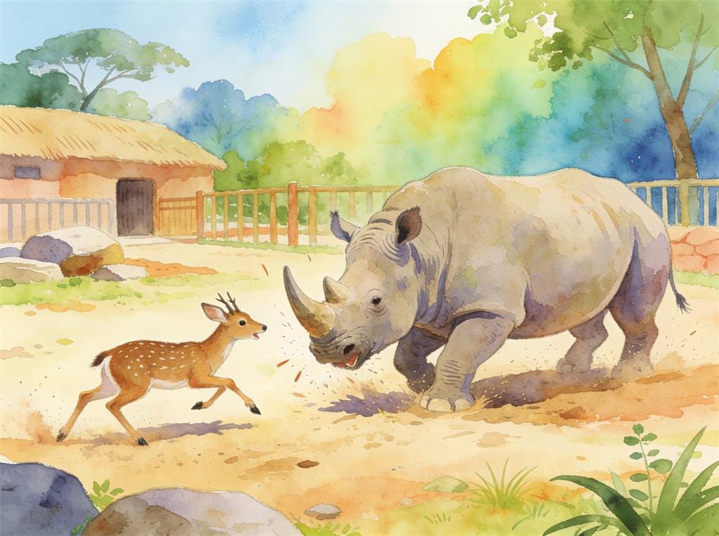 水彩画:动物园里小麂单挑犀牛将其成功逼退 水彩画高清JPG图片素材