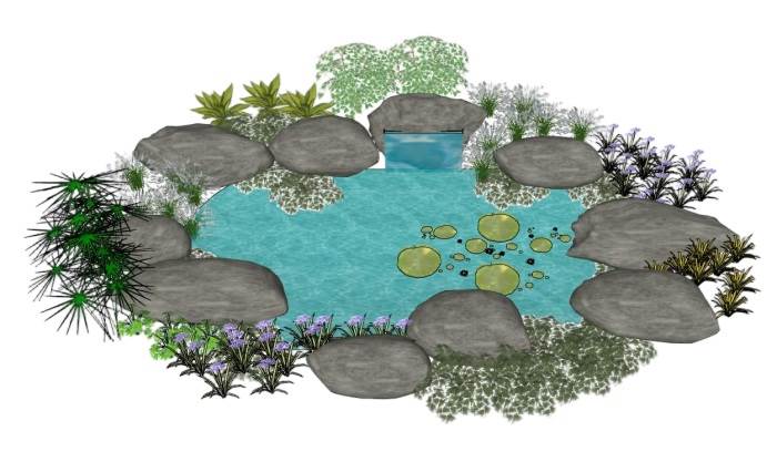 生态景观水池石头带植物景观SU模型 SU模型免费下载_sketchup模型