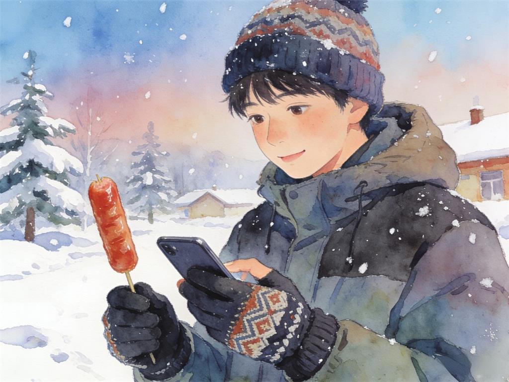 水彩画:游客带火腿肠勇闯东北 玩手机不冻手 水彩画高清JPG图片素材