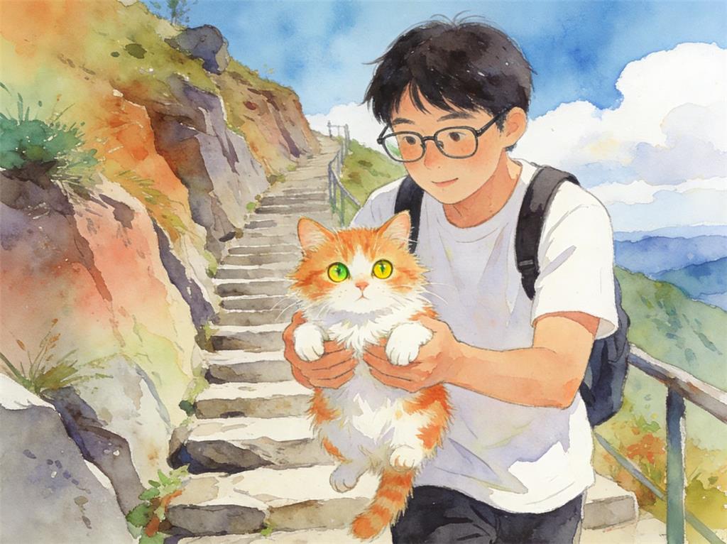 水彩画:小猫被游客当流浪猫 反复被救下山 水彩画高清JPG图片素材