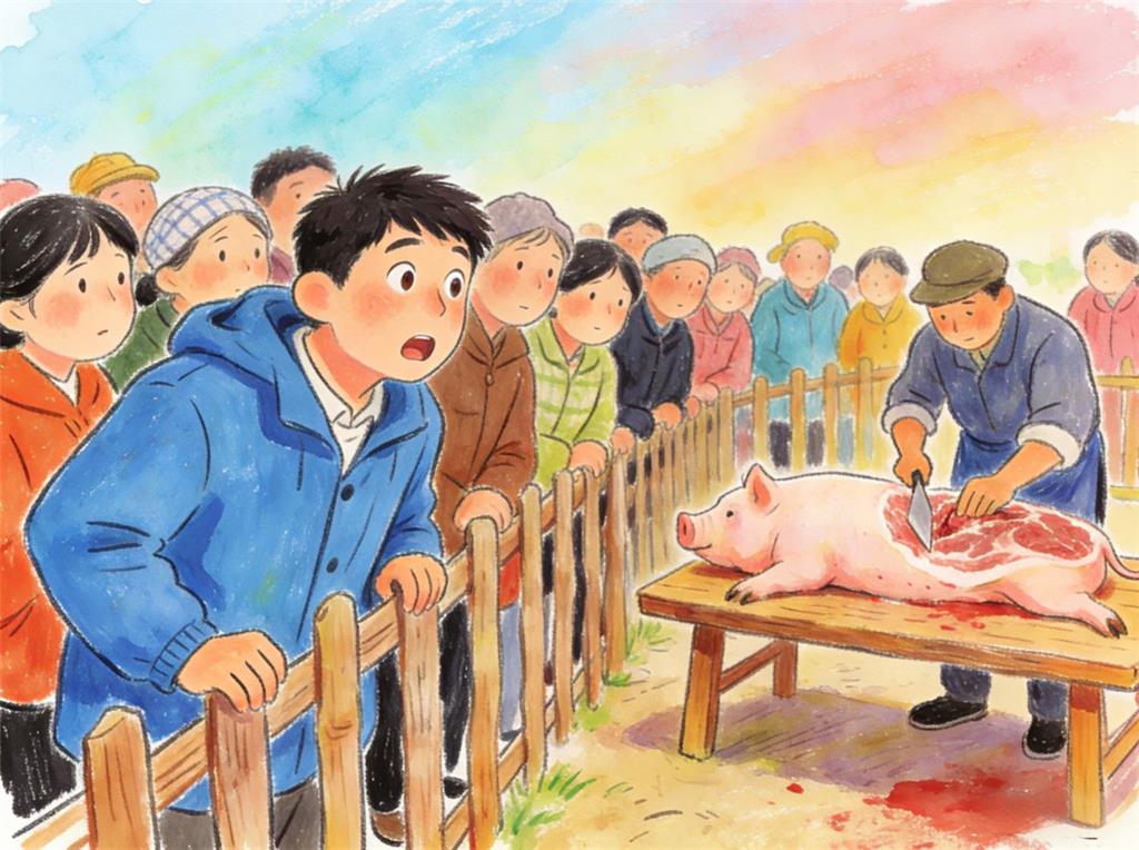 水彩画:男子凑热闹去看杀猪结果当上主厨 水彩画高清JPG图片素材