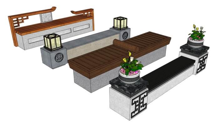 新中式户外景观长椅椅子SU模型 SU模型免费下载_sketchup模型