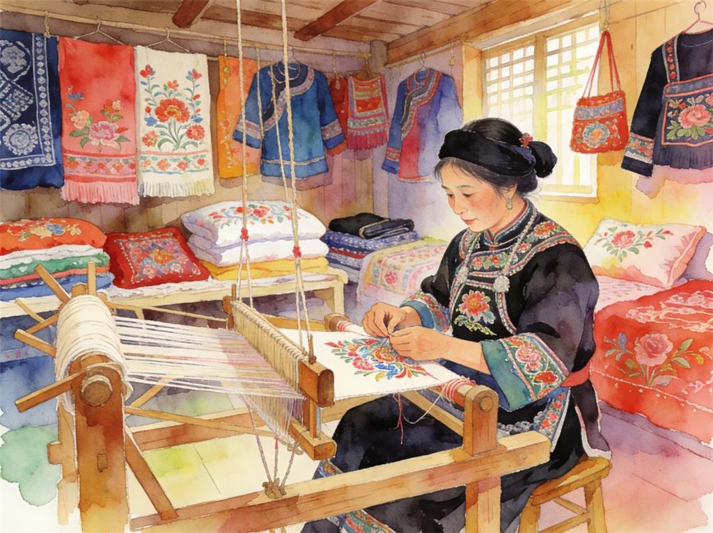 水彩画:苗族妈妈20年为女儿绣满屋嫁妆 水彩画高清JPG图片素材