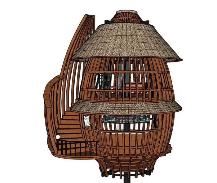 木结构螺旋观景台树屋建筑SU模型 SU模型免费下载_sketchup模型