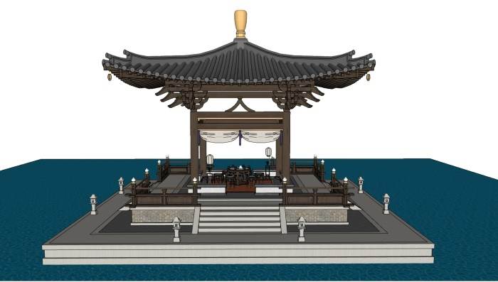 中式水榭亭子建筑SU模型 SU模型免费下载_sketchup模型