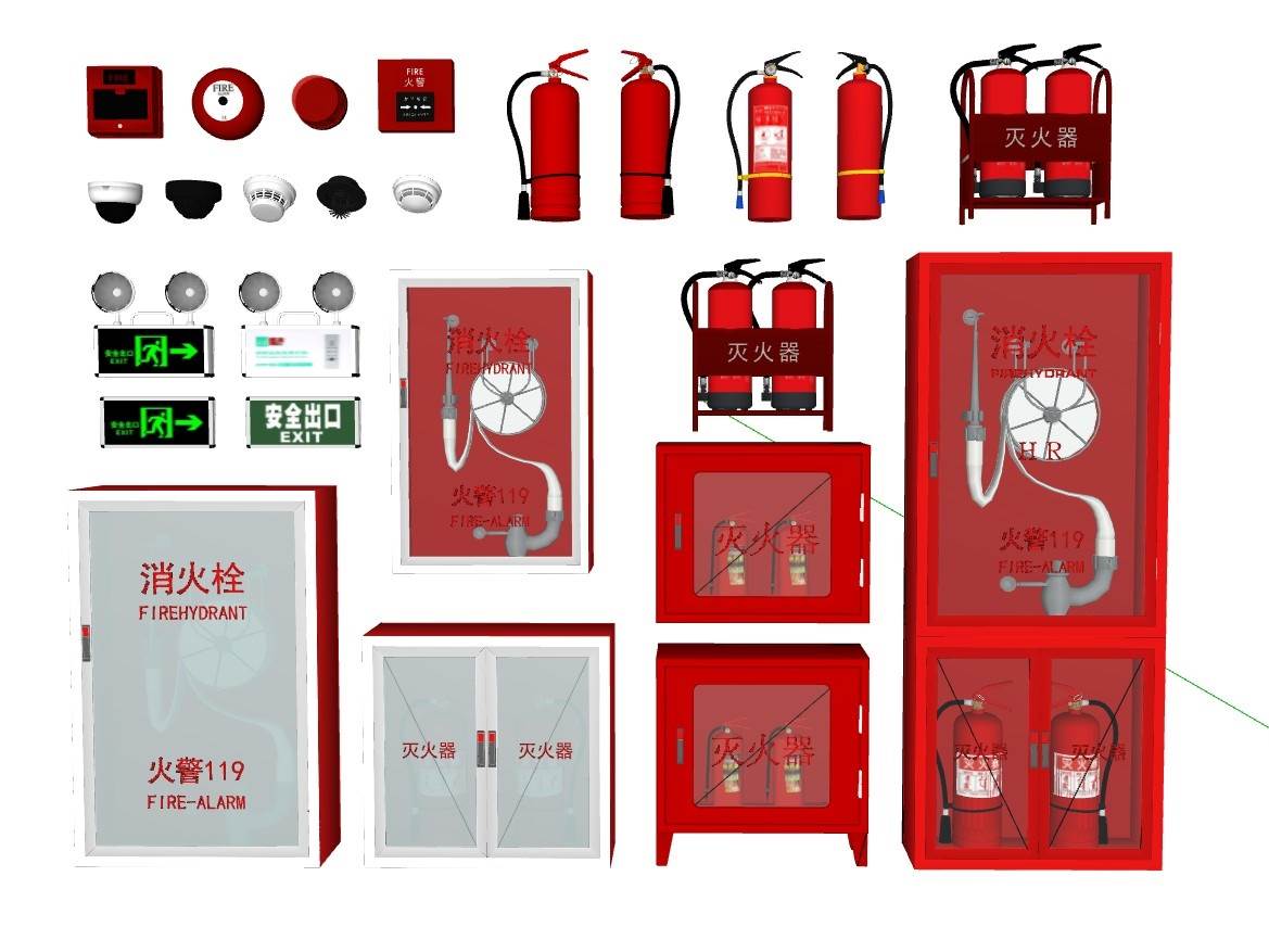 消防器材灭火器烟雾报警器消防栓 SU模型免费下载_sketchup模型