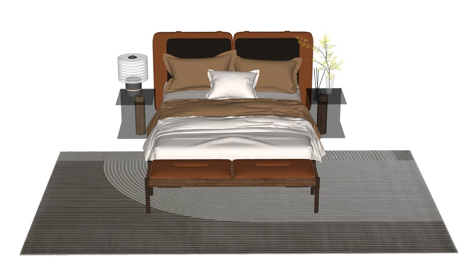 现代简约主卧双人床+床头柜+灯具组合下载床铺SU模型 SU模型免费下载_sketchup模型