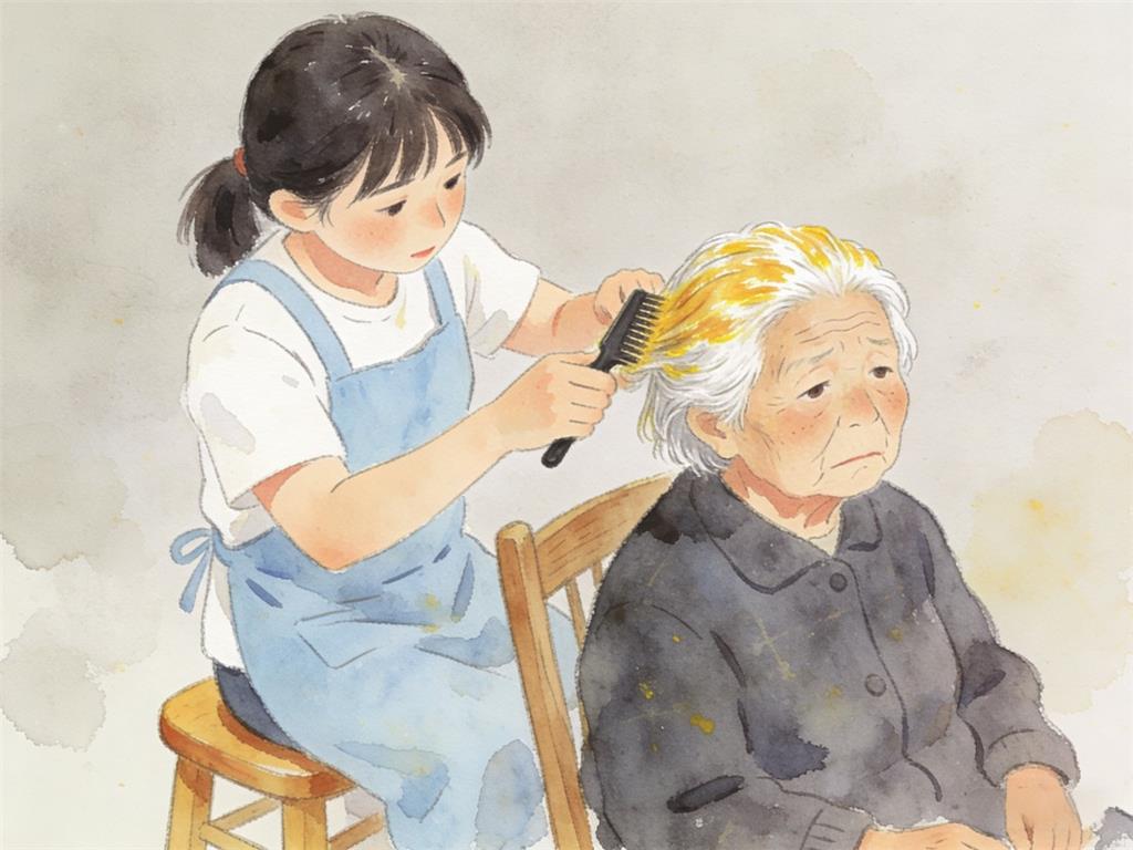 水彩画:妈妈给外婆染发翻车 白发变金黄 水彩画高清JPG图片素材