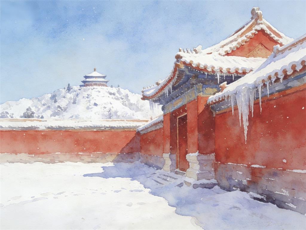 水彩画:没人能拒绝雪后的故宫 水彩画高清JPG图片素材