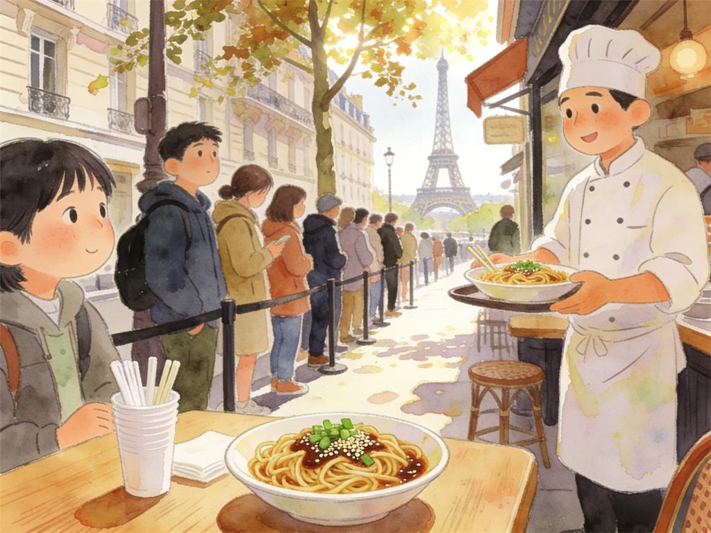 水彩画:排队两小时在巴黎吃热干面 水彩画高清JPG图片素材