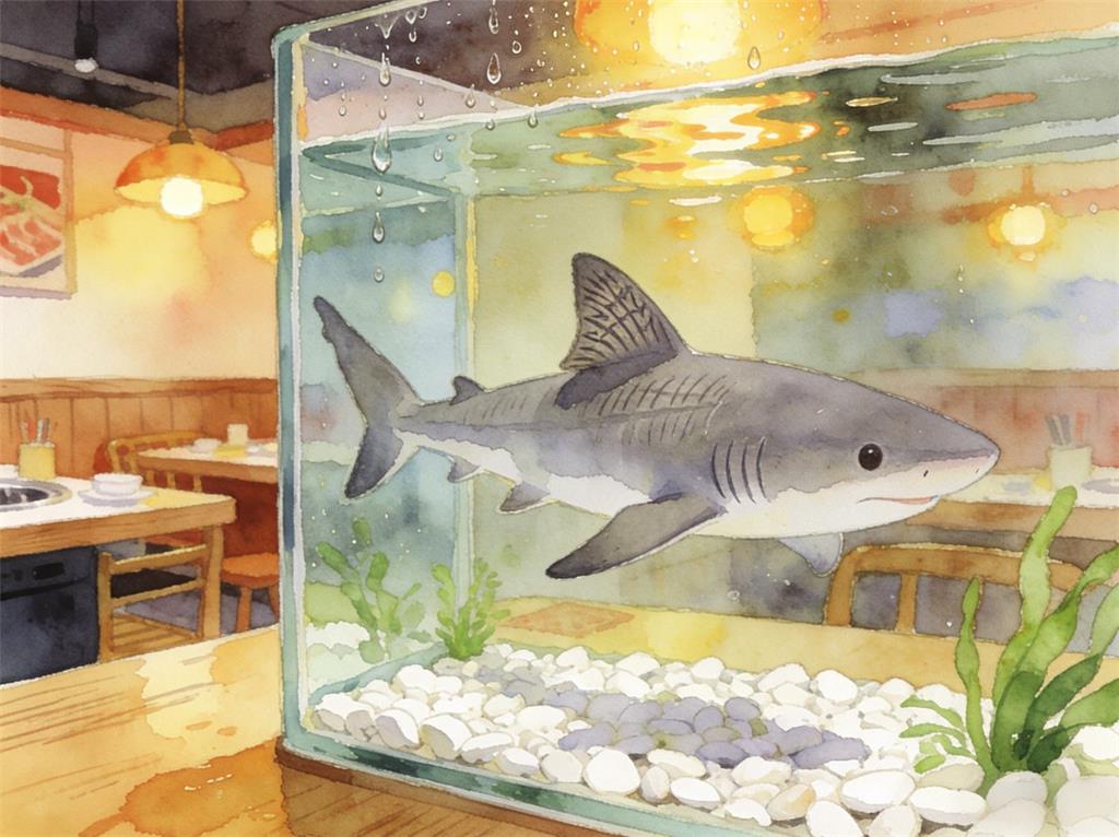水彩画:火锅店用鱼缸养鲨鱼供观赏 水彩画高清JPG图片素材