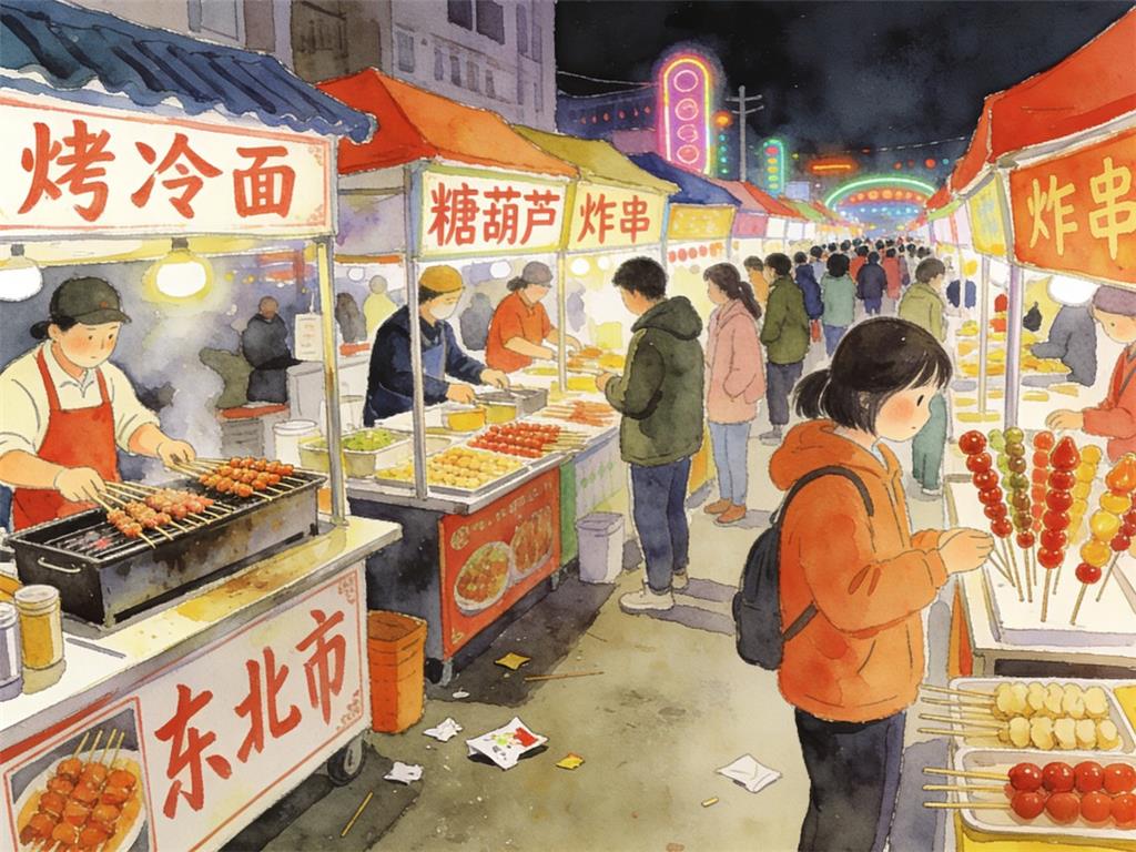水彩画:100块钱挑战东北最大夜市 水彩画高清JPG图片素材