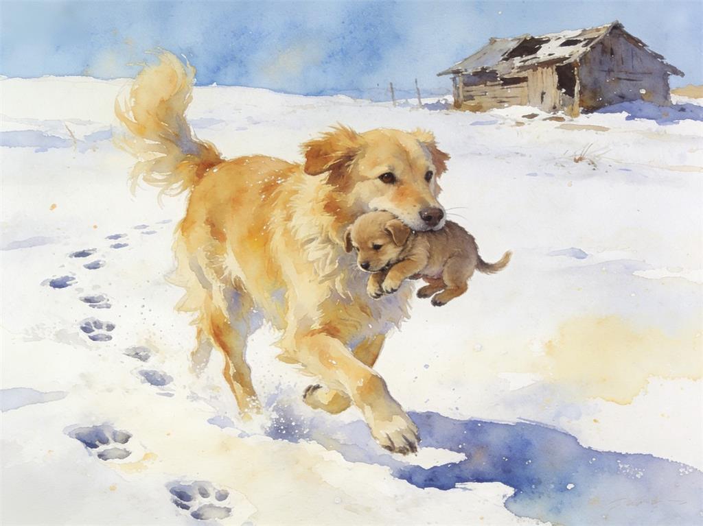 水彩画:狗妈妈为避寒一趟趟叼着宝宝奔跑 水彩画高清JPG图片素材