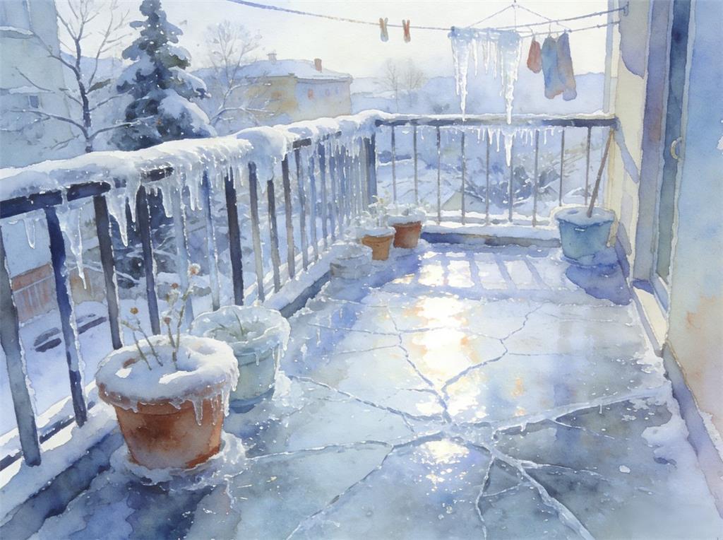 水彩画:一觉醒来阳台变“冰河世纪” 水彩画高清JPG图片素材