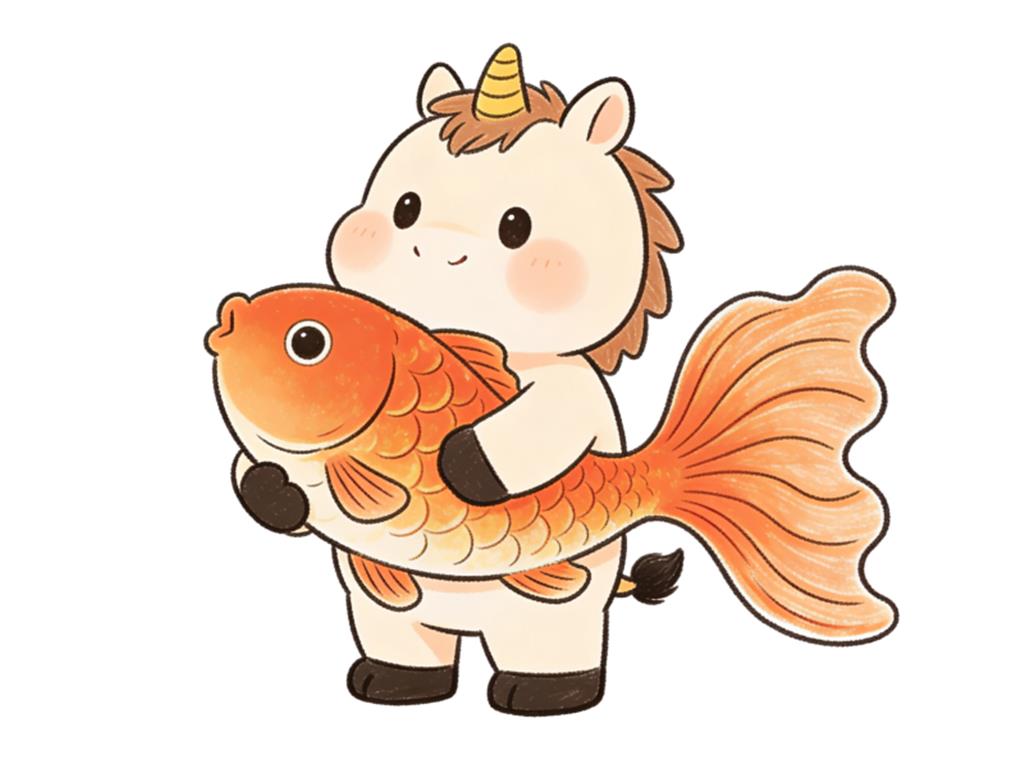 简笔画:马年IP卡通形象sannie抱锦鲤设计 简笔画JPG格式图片素材