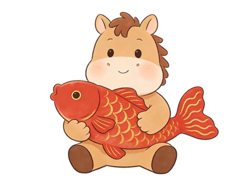 简笔画:卡通春节小马抱鲤鱼 简笔画JPG格式图片素材