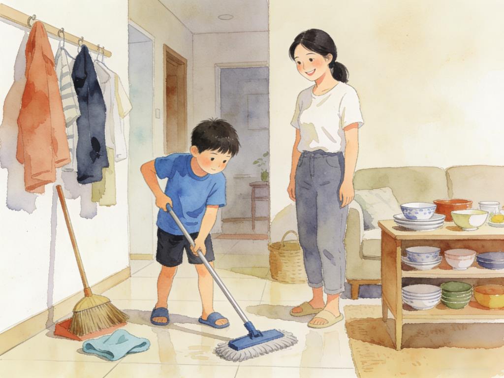 水彩画:妈妈晒放假回家的儿子包揽大小家务 水彩画高清JPG图片素材