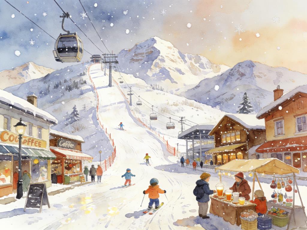 水彩画:一座滑雪场带活一片区 水彩画高清JPG图片素材