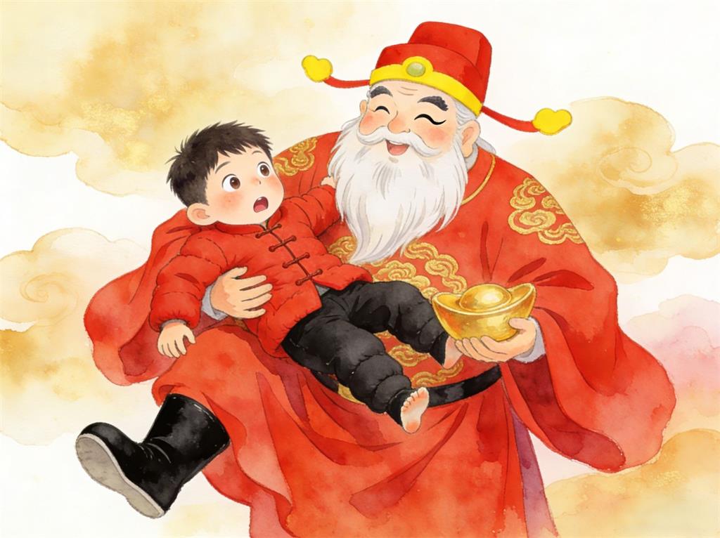 水彩画:小孩哥“钻”进财神爷怀里出不来了 水彩画高清JPG图片素材