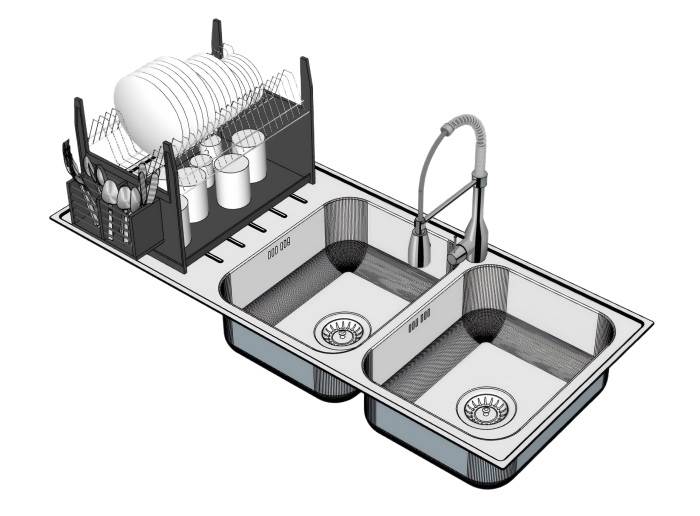 双槽不锈钢厨房水槽和晾碗架沥碗架厨房SU模型 SU模型免费下载_sketchup模型