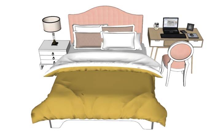 粉色欧式床铺和床头柜书桌床铺SU模型 SU模型免费下载_sketchup模型