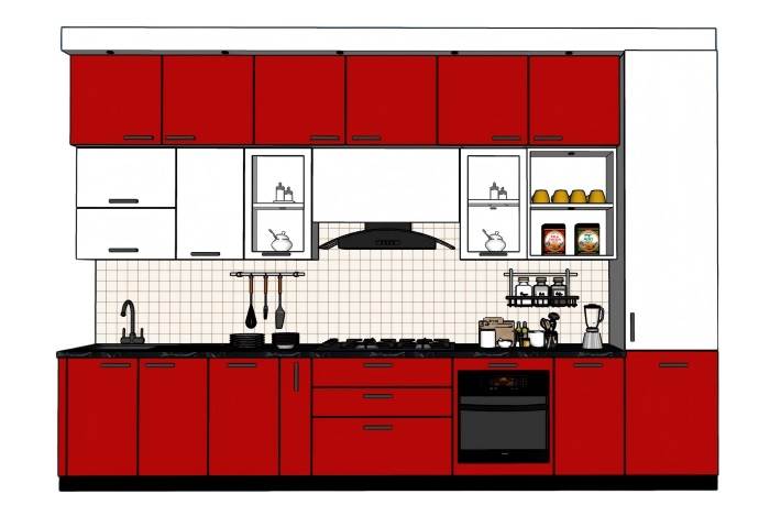 红色厨房橱柜厨具厨房SU模型 SU模型免费下载_sketchup模型