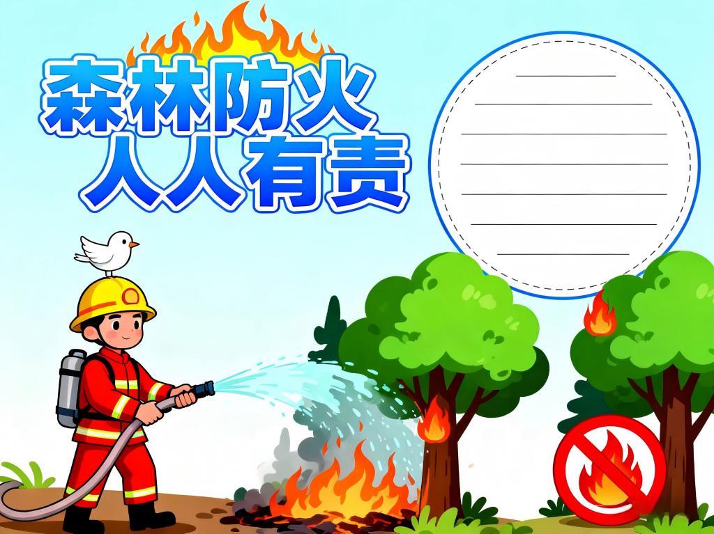 手抄报:森林防火 人人有责 卡通小报 手抄报版式设计JPG模板