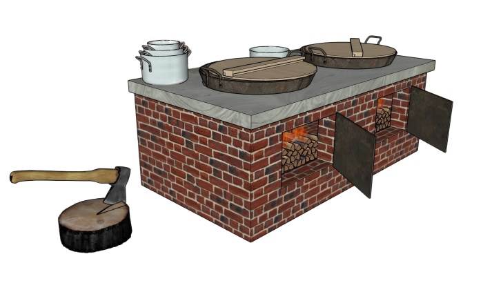 农村柴火灶地锅烧火灶带斧头劈柴厨房SU模型 SU模型免费下载_sketchup模型