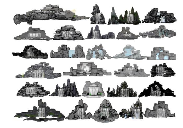 假山流水瀑布景观SU模型 SU模型免费下载_sketchup模型