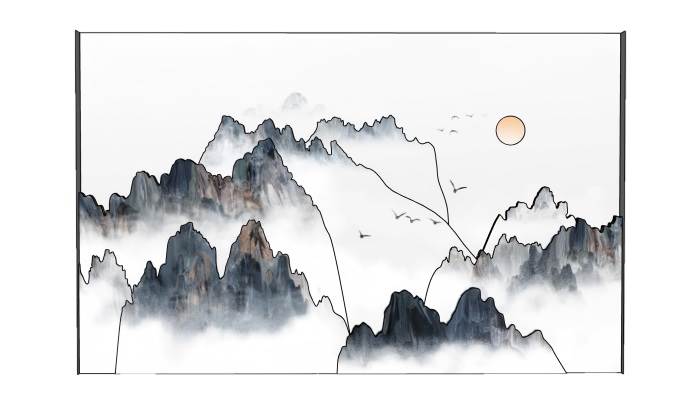 中式山水画背景墙装饰SU模型 SU模型免费下载_sketchup模型