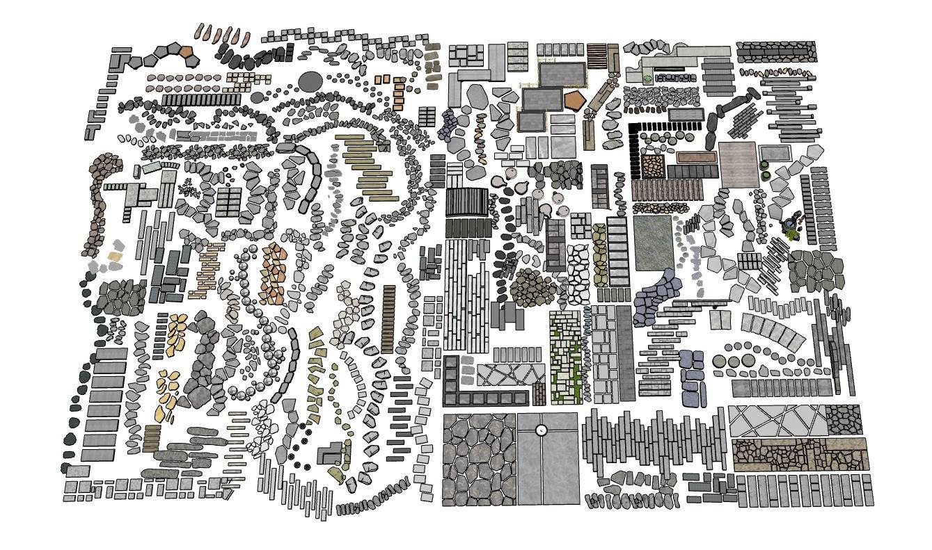 园林庭院汀步石铺装路径景观SU模型 SU模型免费下载_sketchup模型