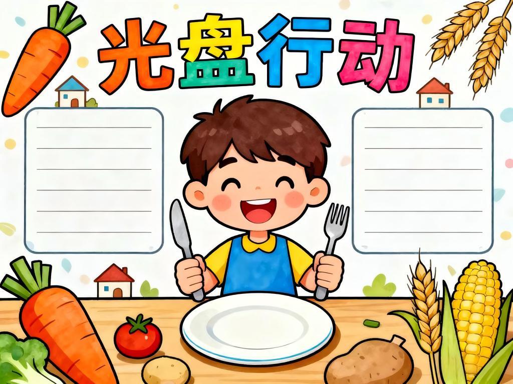 手抄报:卡通一年级光盘行动小报 手抄报版式设计JPG模板