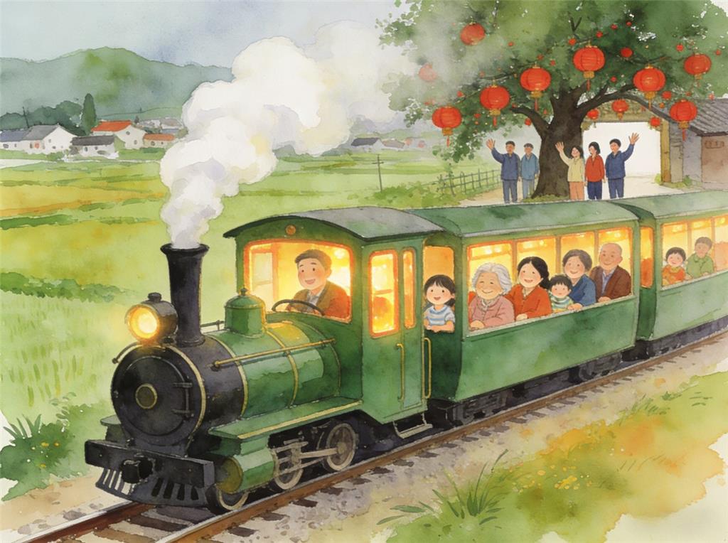 水彩画:出发!下一站是团圆 水彩画高清JPG图片素材