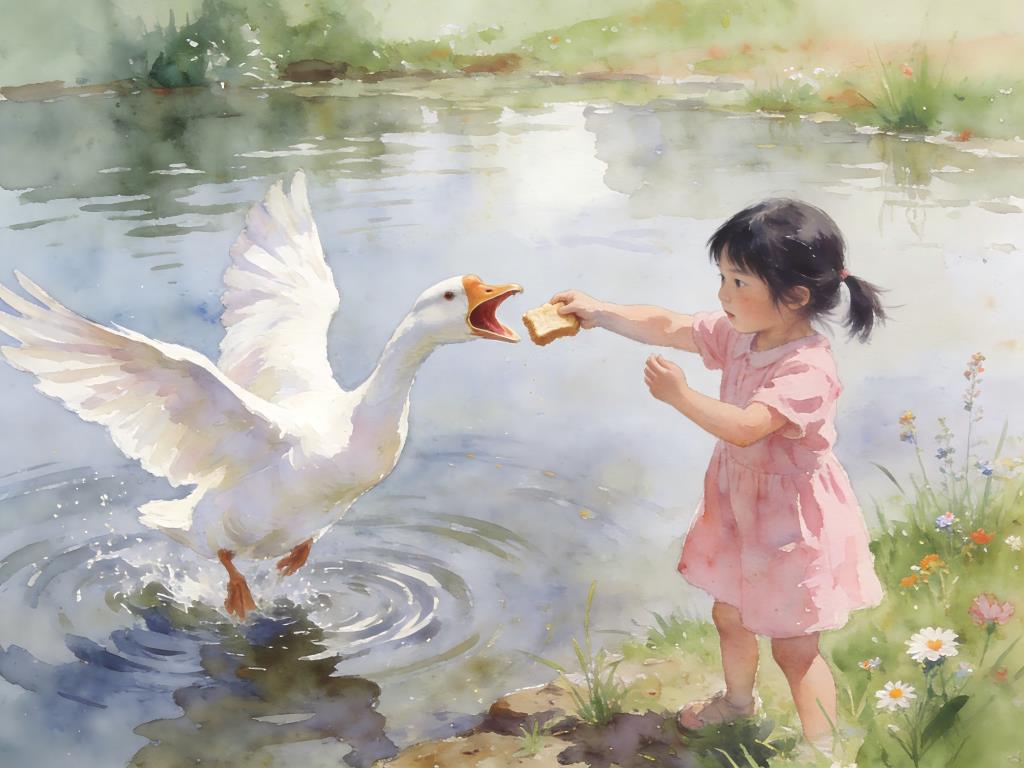 水彩画:女孩喂大鹅遭袭击当场霸气还击 水彩画高清JPG图片素材