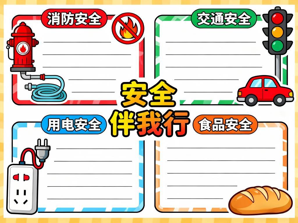 手抄报:3年级卡通安全伴我行小报 手抄报版式设计JPG模板