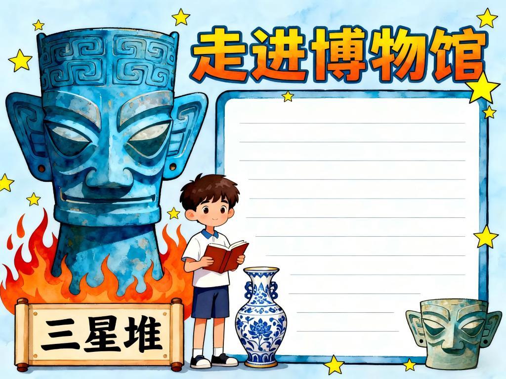 手抄报:四年级卡通走进博物馆小报 手抄报版式设计JPG模板