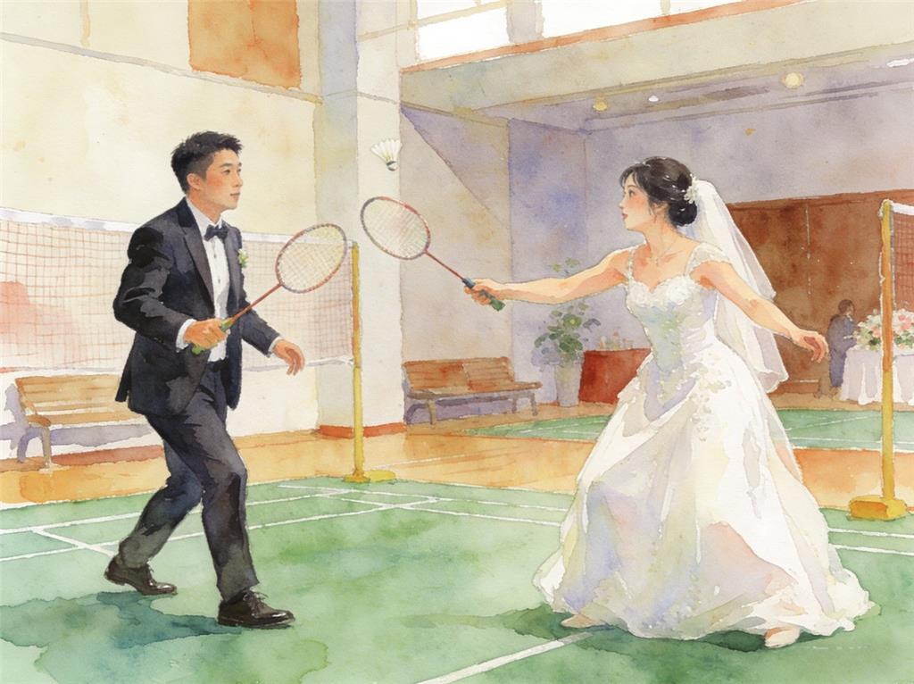 水彩画:夫妻俩在婚礼上打羽毛球 水彩画高清JPG图片素材