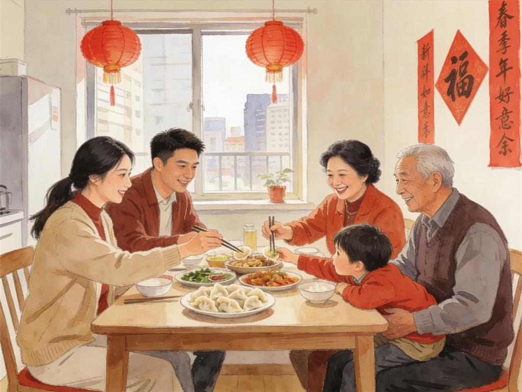 水彩画:“反向过年”兴起，传统返乡团圆格局被打破 水彩画高清JPG图片素材