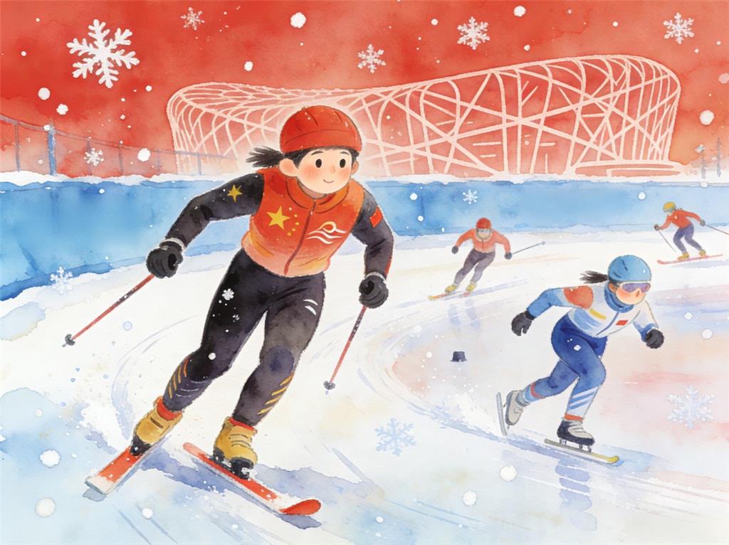 水彩画:一起为中国冬奥健儿加油 水彩画高清JPG图片素材
